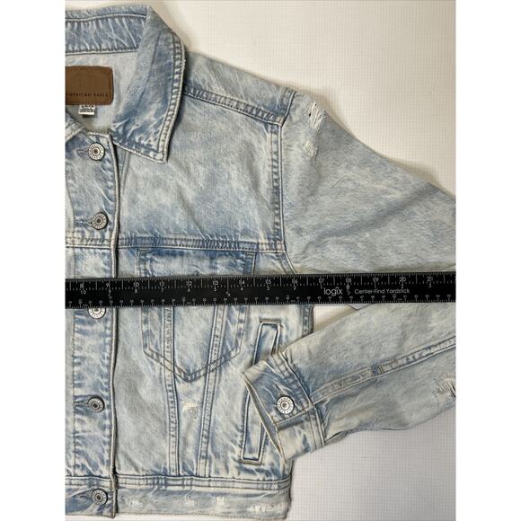AEO American Eagle Light Wash Cropped Denim Jean Jacket Distressed Size Small - Picture 8 of 9